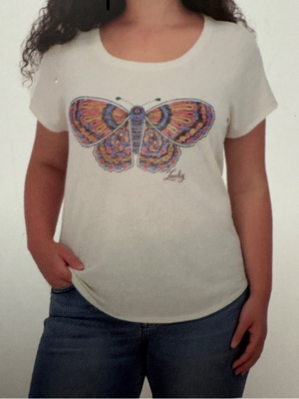 Lucky Brand Cream Tee with Colorful Butterfly Graphic